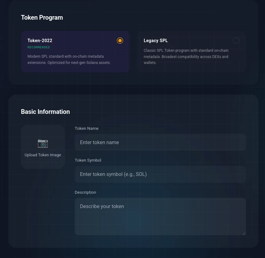 The mode selector and basic token information