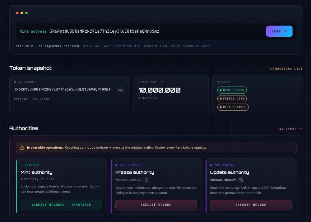 Token dashboard after revoking: mint authority is revoked and the status shows Mint locked