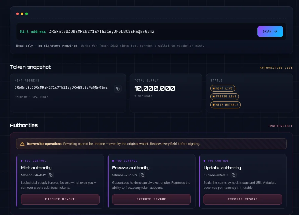 Token dashboard before revoking: mint, freeze and update authority are all live
